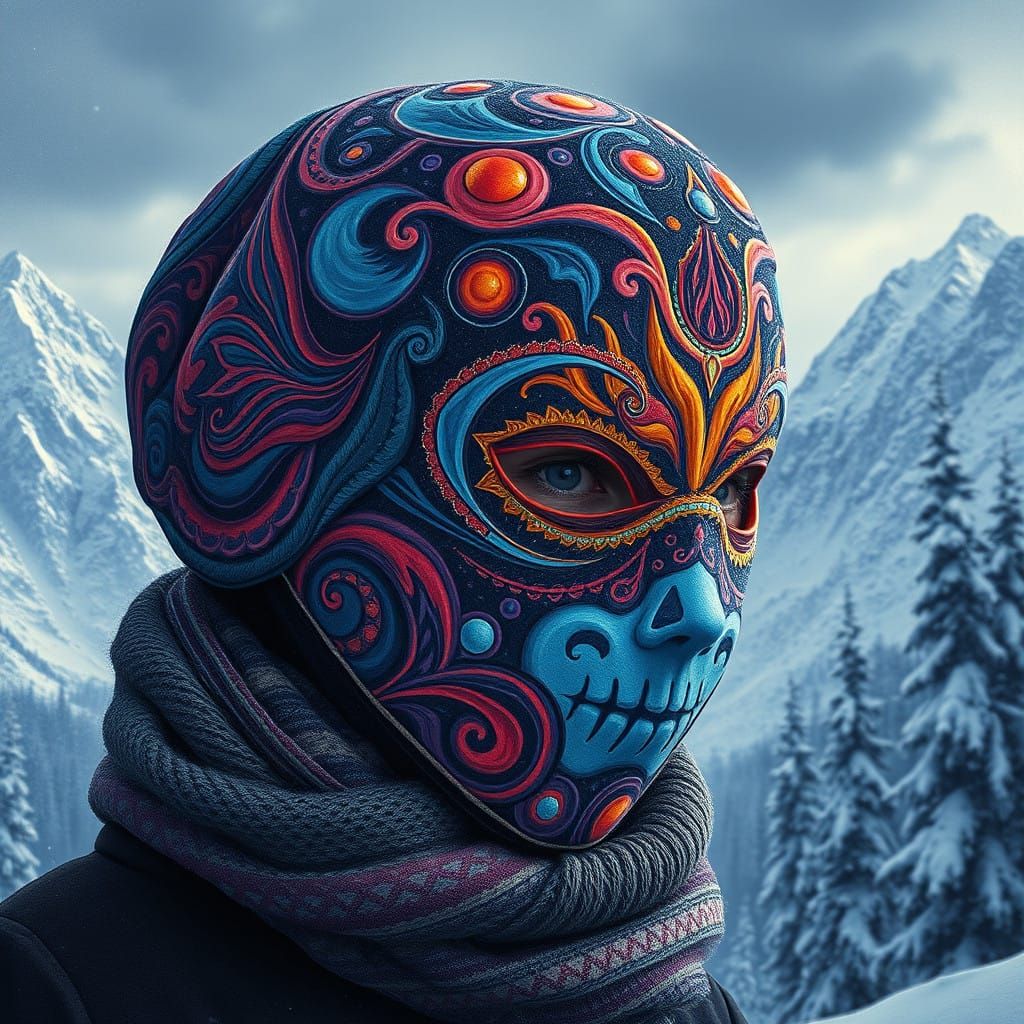 Woman in Vibrant Winter Mask Against Snowy Mountains