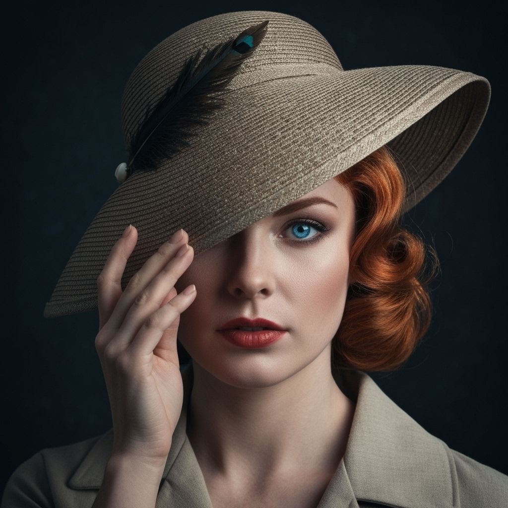 1950s Red-Haired Woman Portrait in Hat