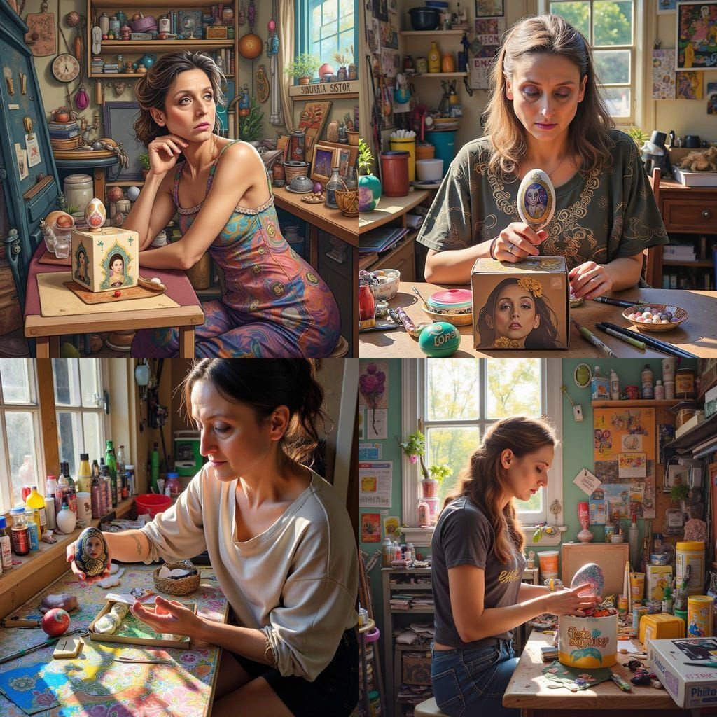 Artist Surrounded by Whimsical Art Supplies in Sunlit Worksh...