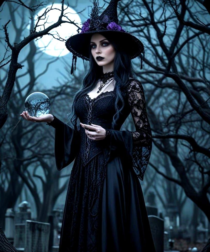A gothic sorceress stands in a moonlit graveyard, her form f...