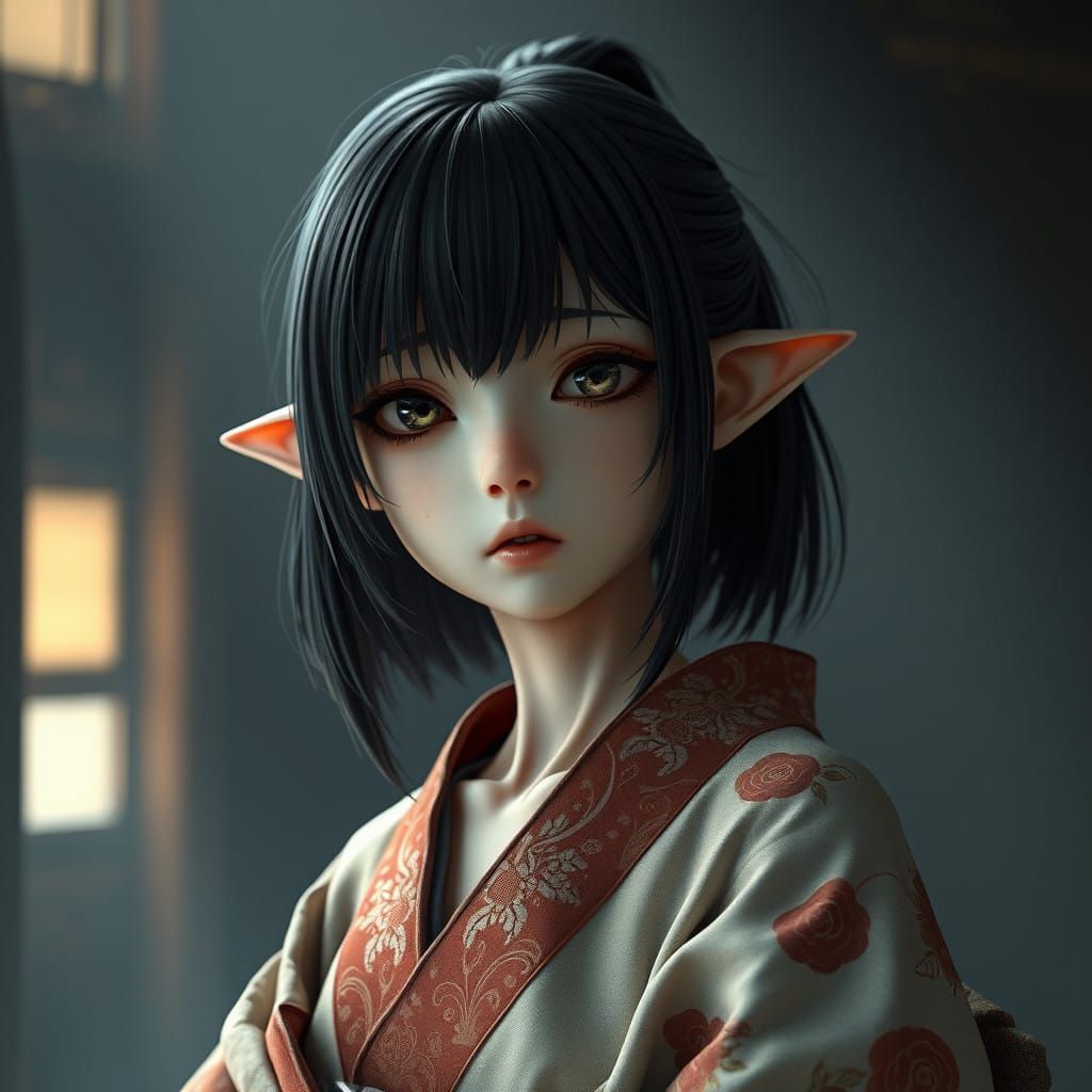 Ethereal Anime Female in Tattered Kimono