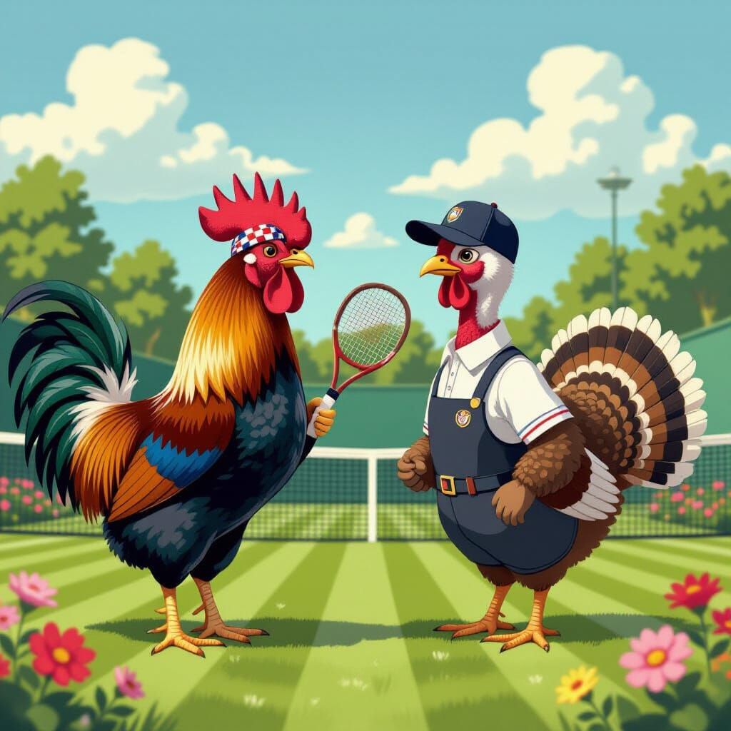 Whimsical Wimbledon Match: Rooster vs Turkey