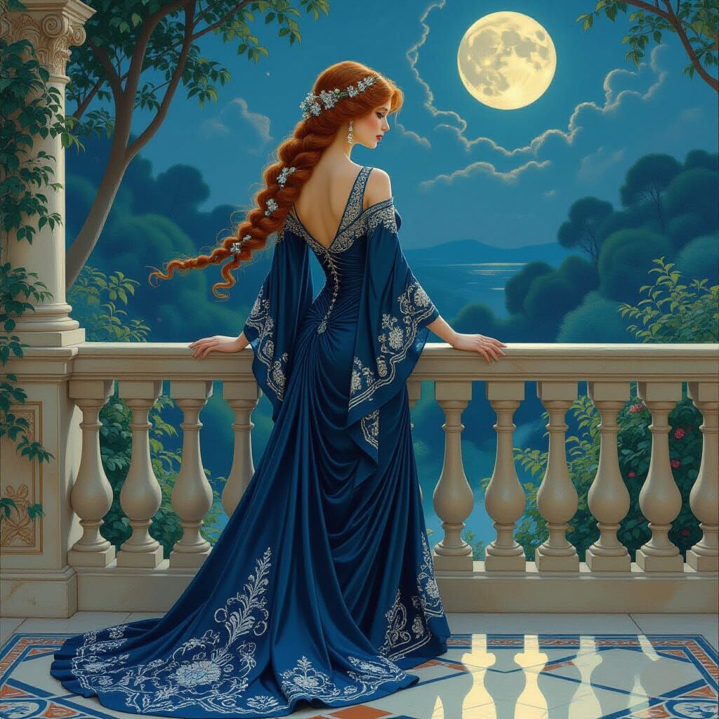 Woman with Flowing Hair in Art Nouveau Style