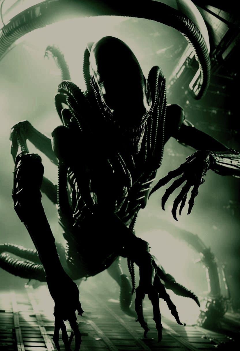 Un Xenomorfo alieno inquietante, con un corpo lungo e muscoloso, pelle nera lucida e liscia che riflette una luce soffus...