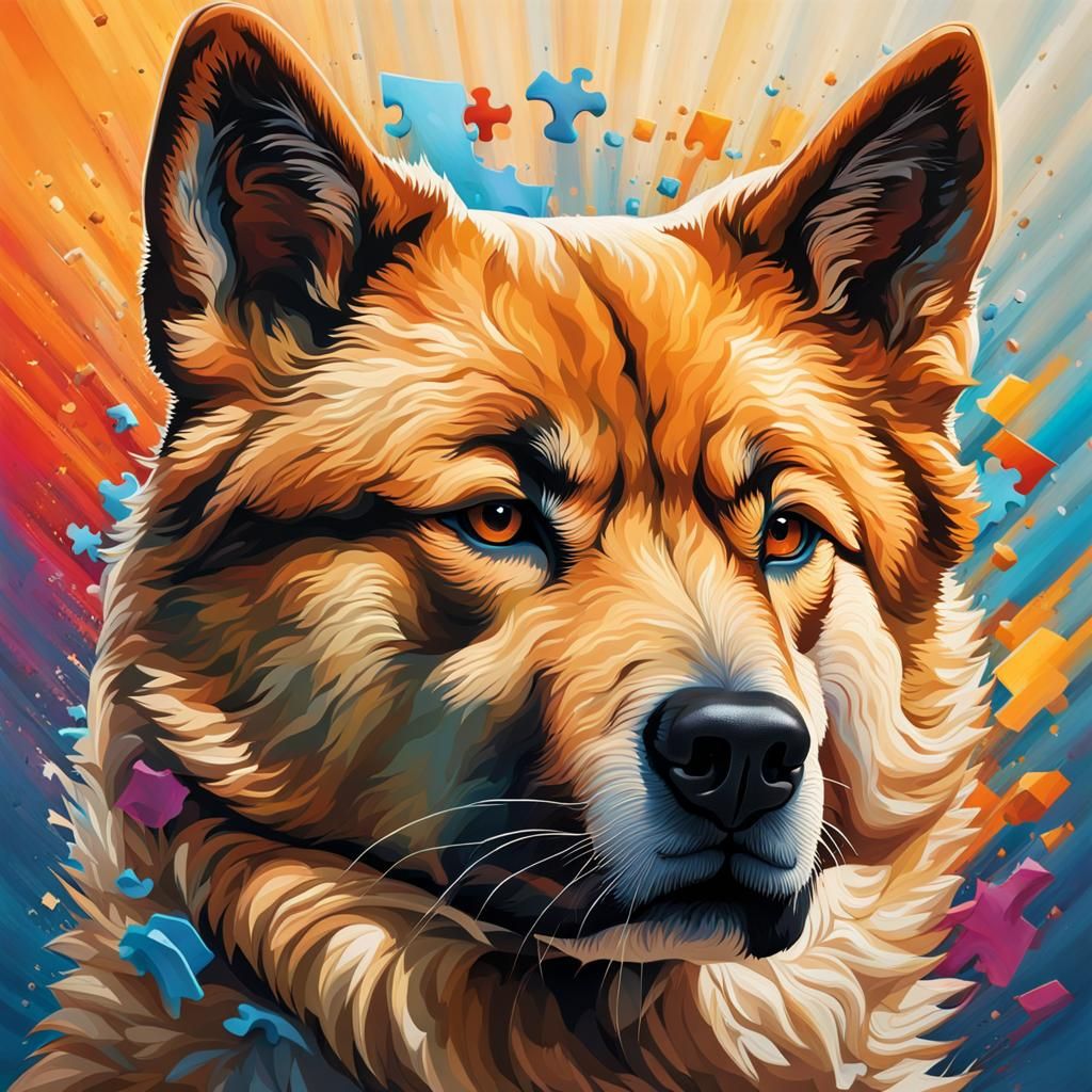 Hyperrealistic Akita Dog with Puzzle Piece Background