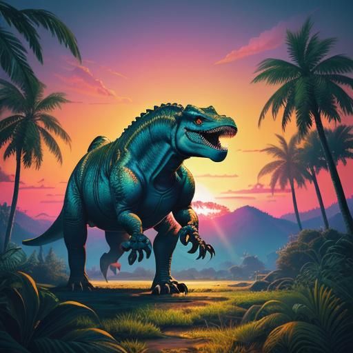 Realistic Dinosaur in Synthwave Prehistoric Landscape