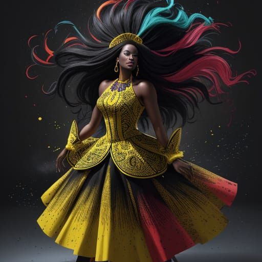 Hyperrealistic Concept Art of a Black Woman in Yellow Dress