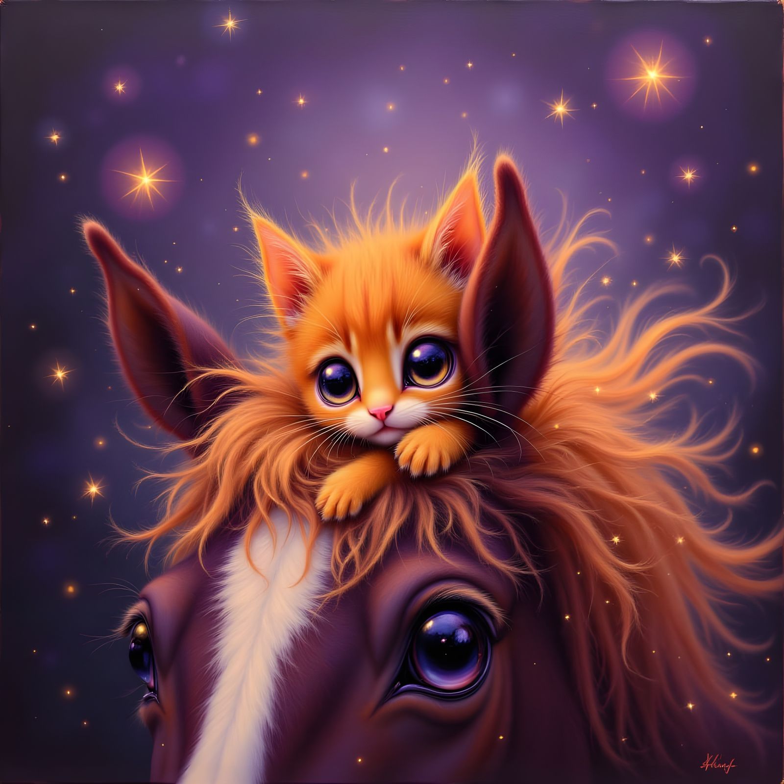 Cute Kitten in Horse Mane, Oil on Canvas Style