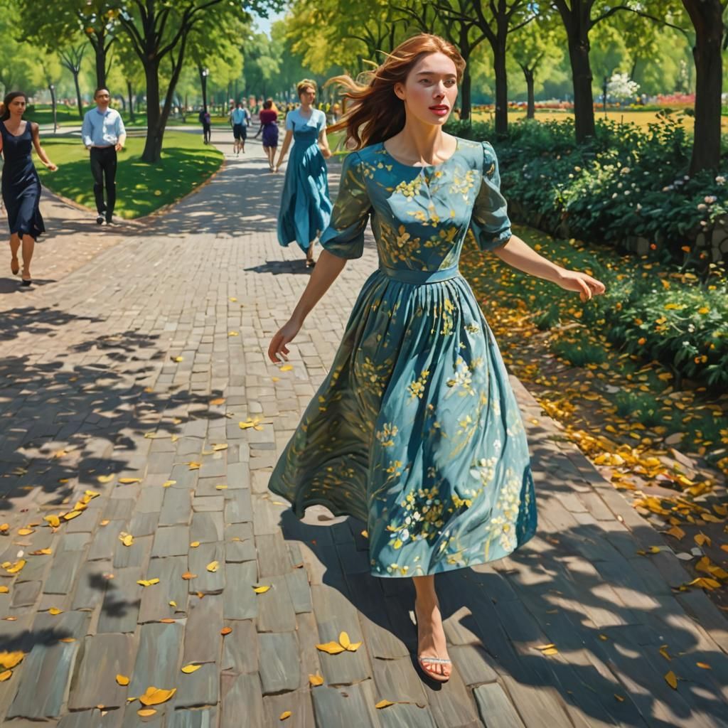 Woman Running in Park: Impressionistic Van Gogh Style