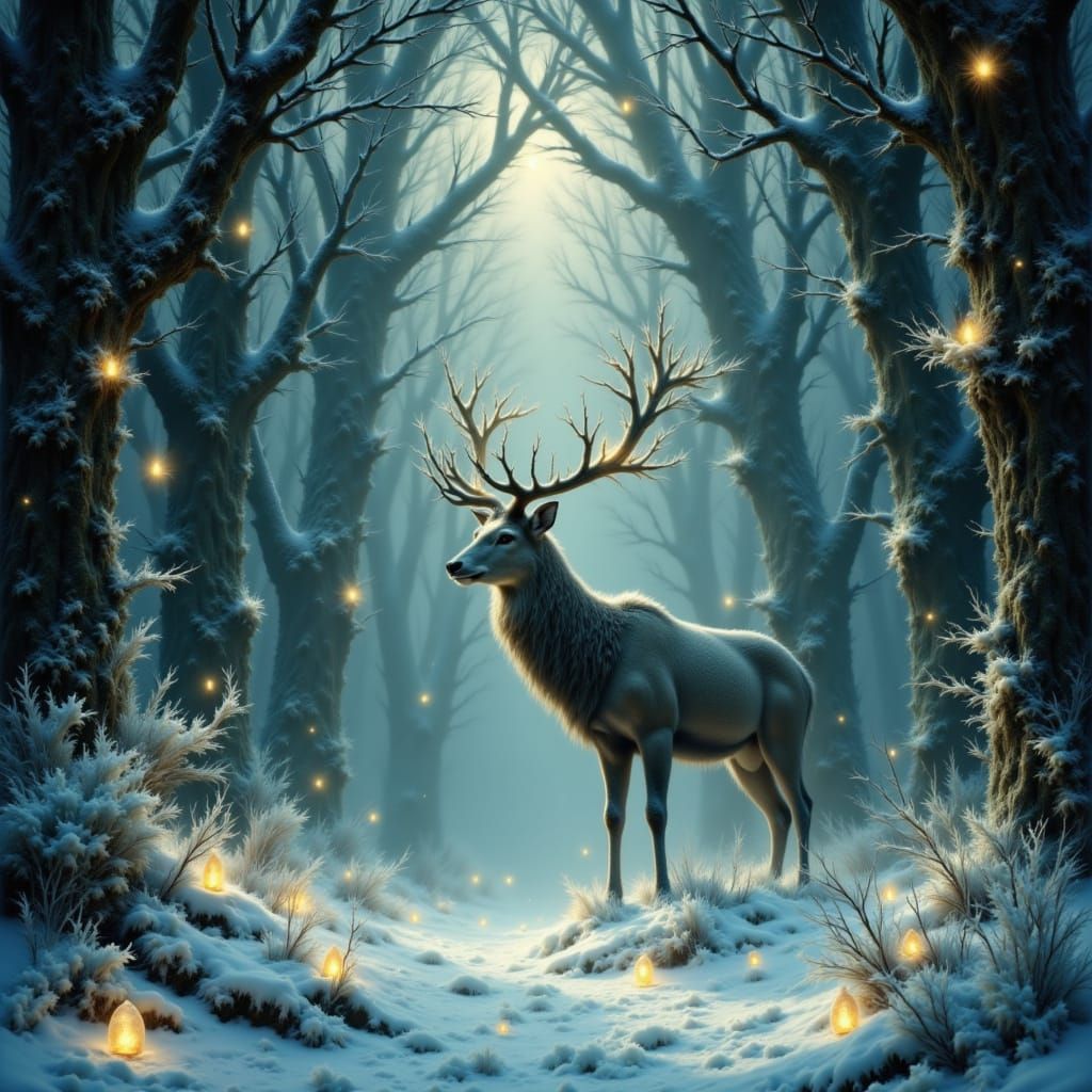 Majestic Stag in Snowy Forest with Moonflowers