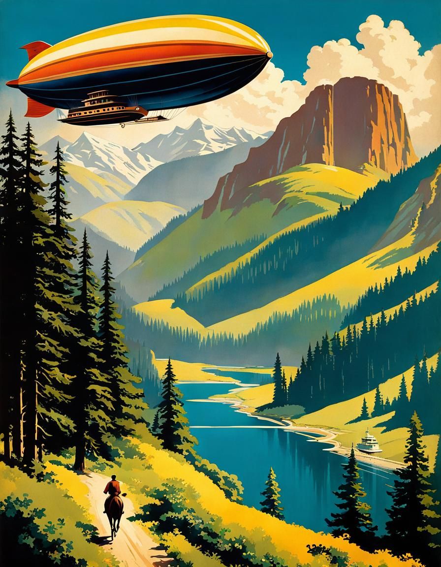 Retro Zeppelin Yacht Poster Art in Mountain Valley