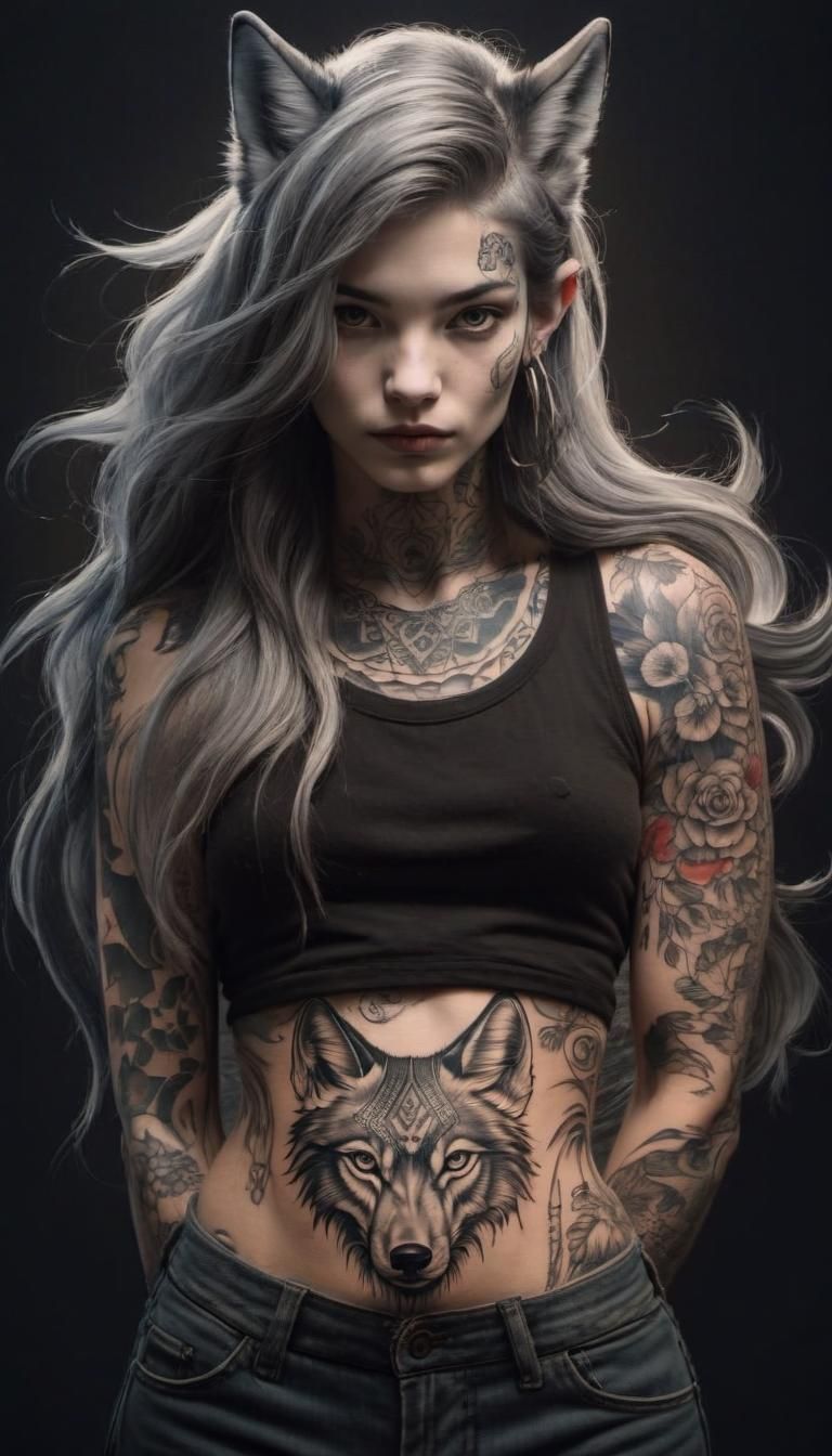 Woman with Wolf Ears and Artistic Tattoos