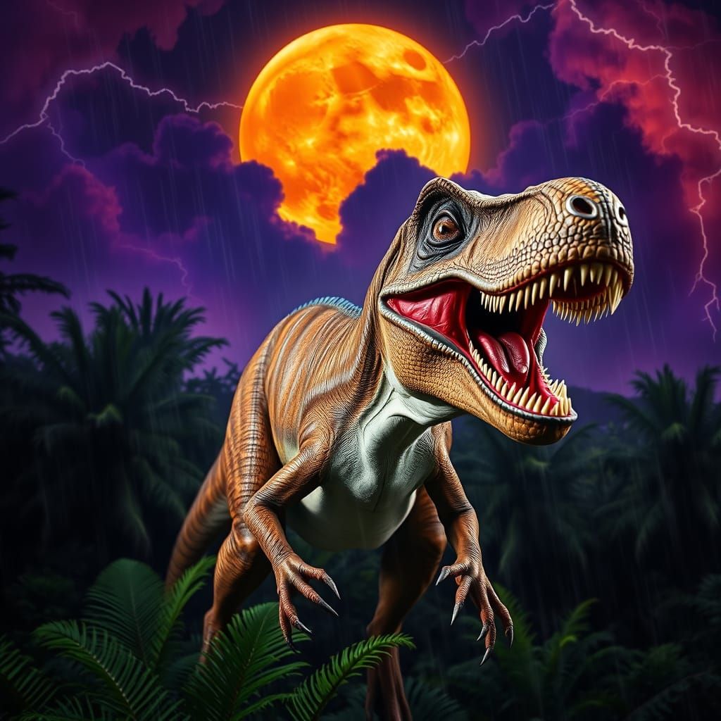 Gigantic Velociraptor Portrait Under a Violet Moon