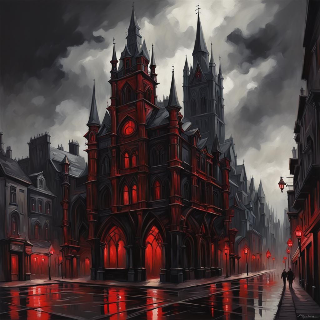 Dark Gothic Cityscape Painting with Red Accents