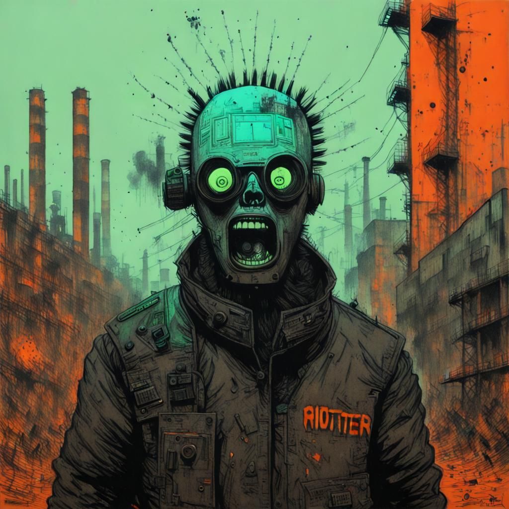 Biopunk Rioter in Factory, Etching Style