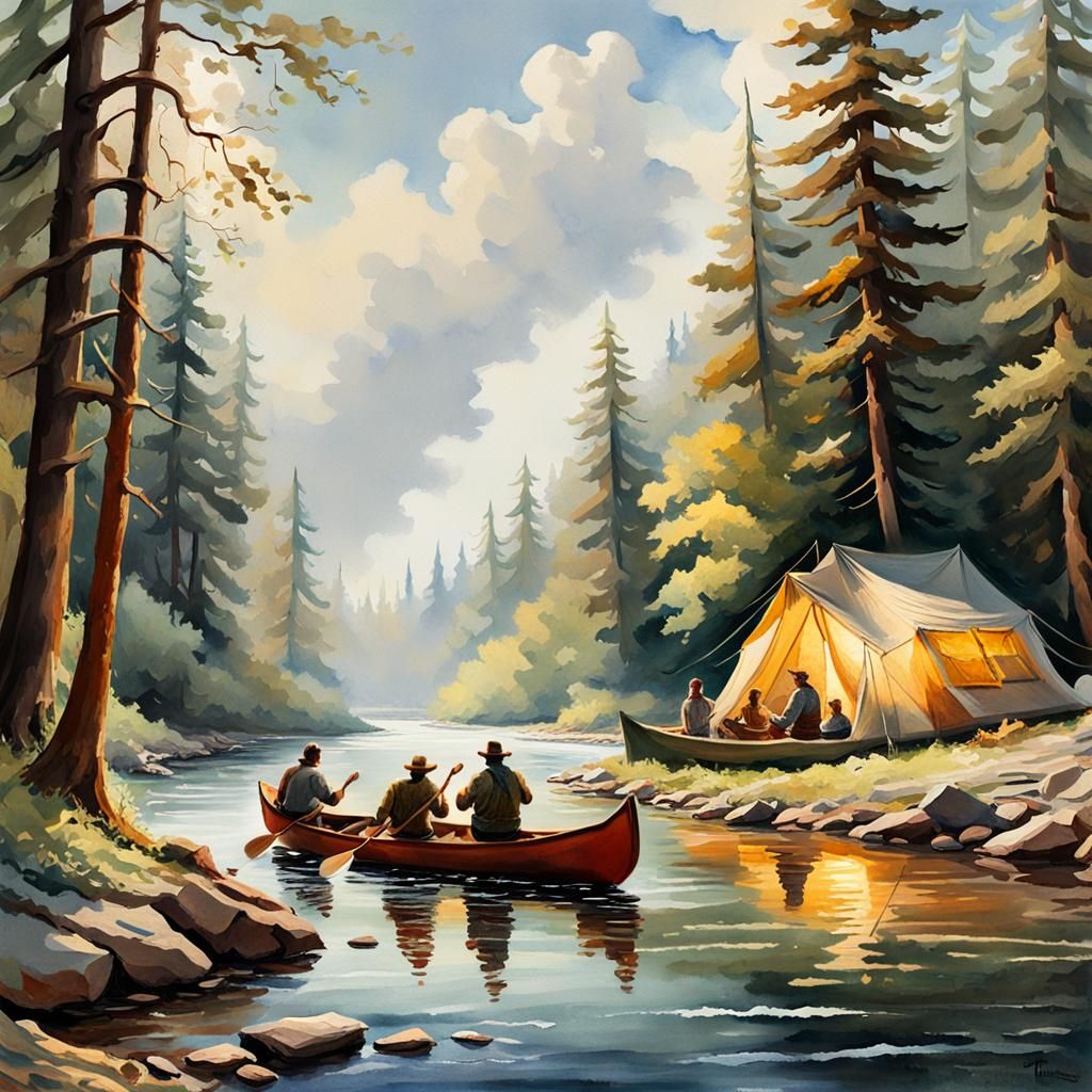Sunny Campsite by River in Impressionist Style