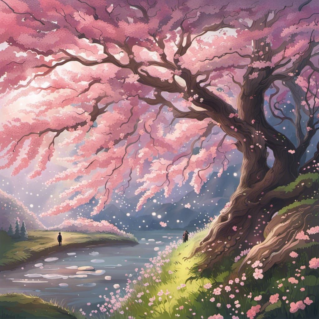 Dreamlike Cherry Blossoms in Pre-Raphaelite Style