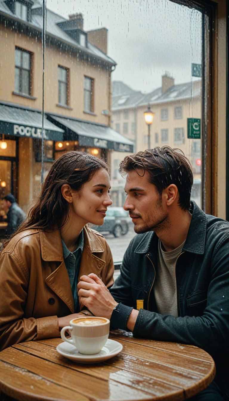 Romantic Moment in a Cozy Café on a Rainy Morning