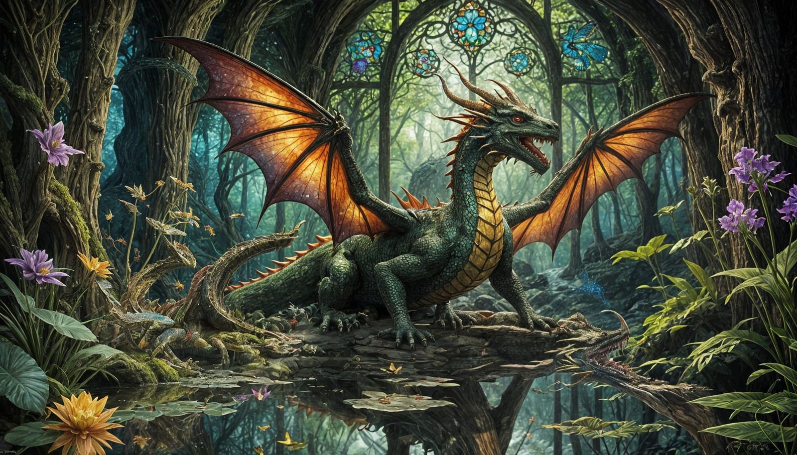 Stained Glass Dragon Illuminated by Heavenly Glow