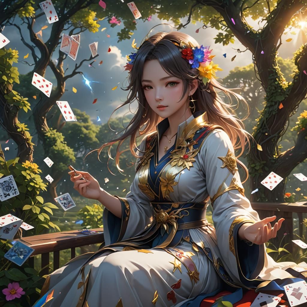 Anime Woman Deals Cards in Realm of Chaos