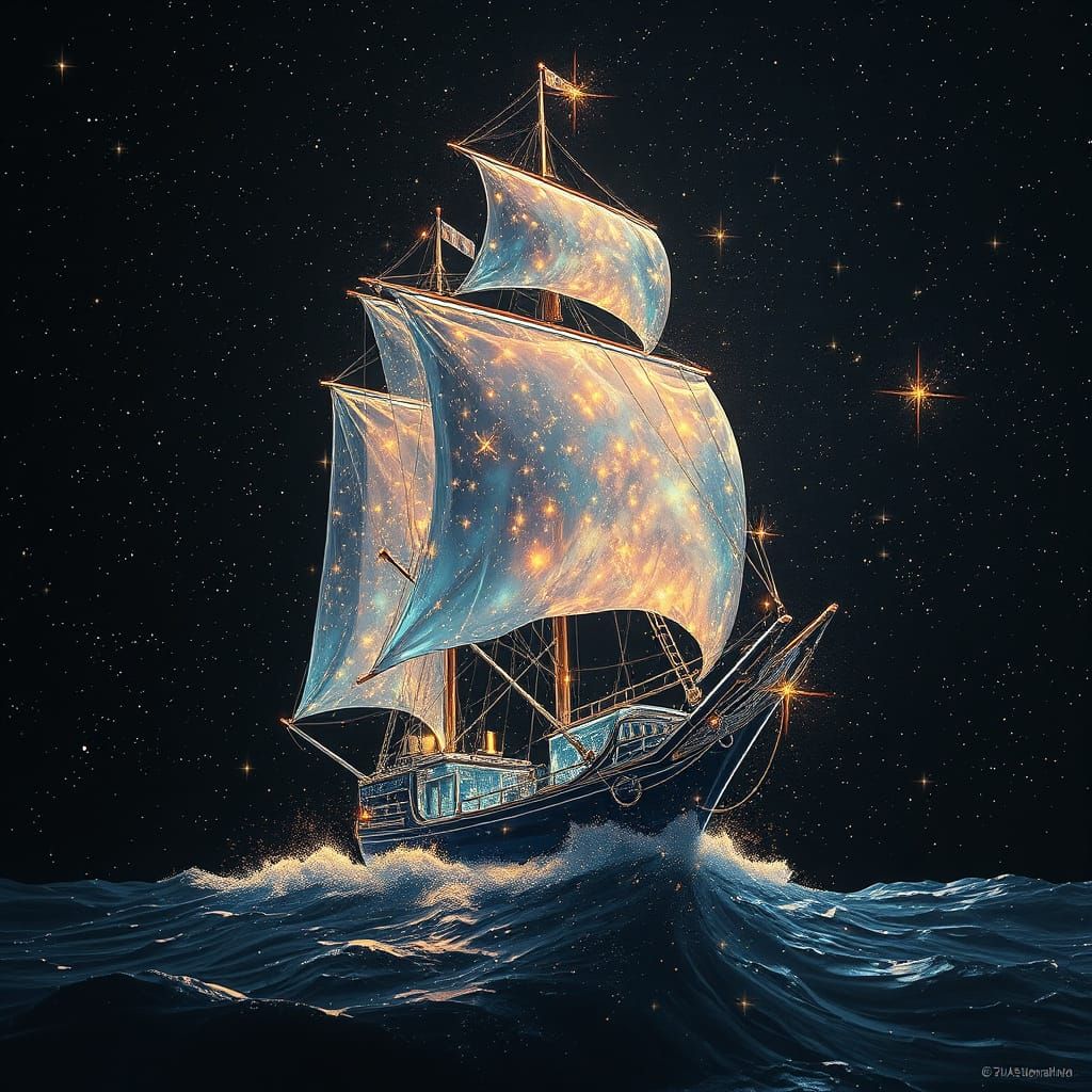 Glass Ship Sailing Through Starlit Cosmos