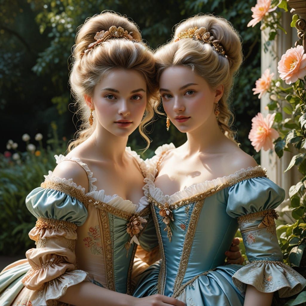 Elegant Young Ladies Admire Portraits of Their Fiancés in a...