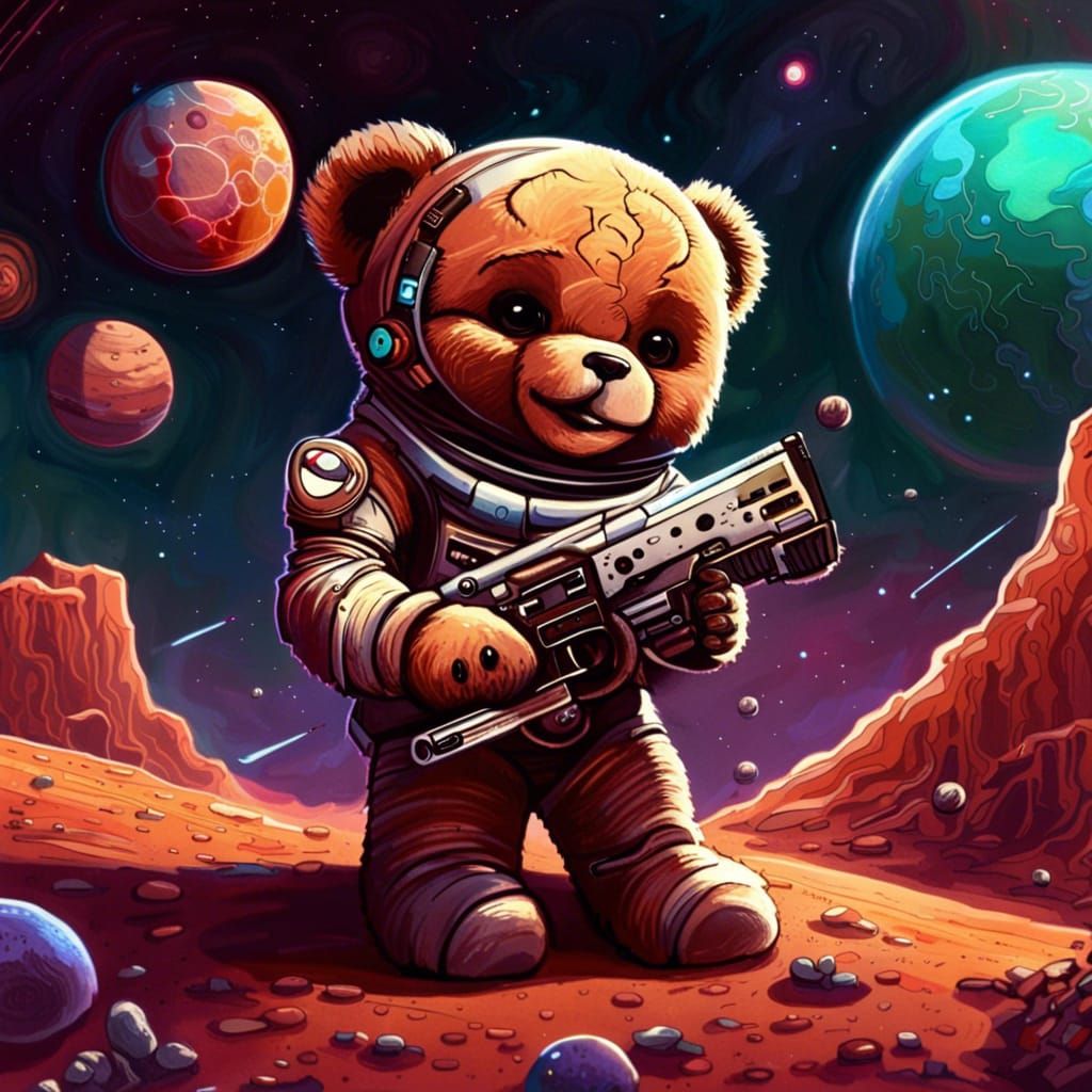 Smiling Teddy Bear in Space with Futuristic Gun