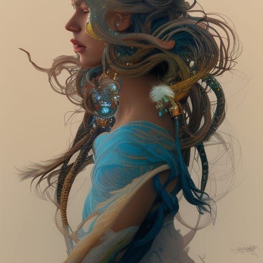 Detailed Portrait of Woman with Braids and Feathers