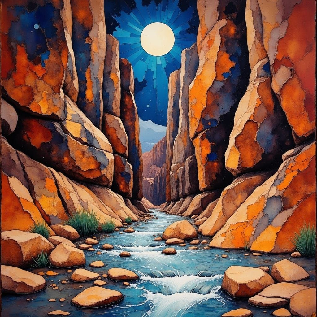 Utah Slot Canyon in Moonlight: Neo-Impressionist Painting