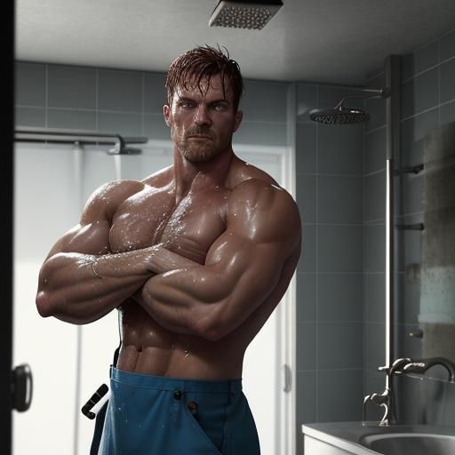 Android Plumber Repairs Shower in Warm Light