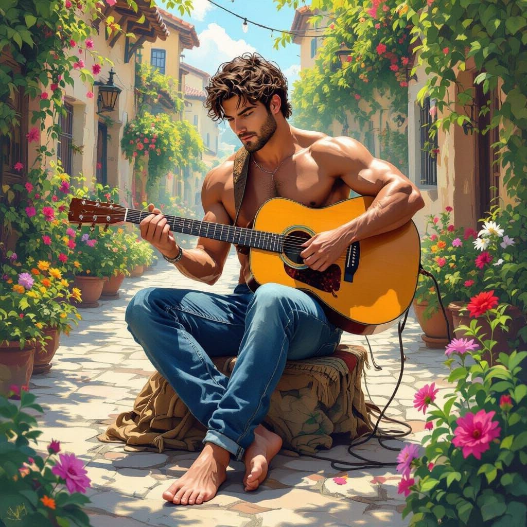 Man Playing Guitar Barefoot in Colorful Village Square