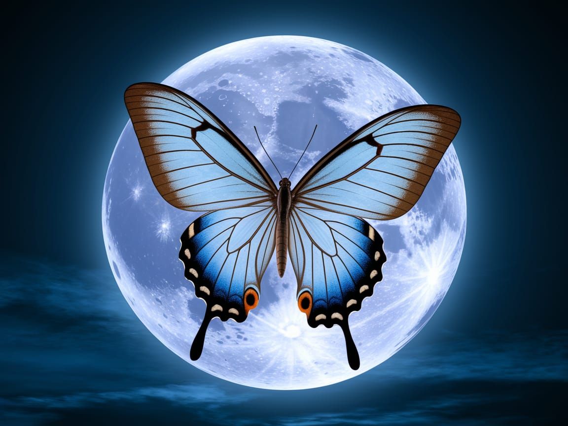 Butterfly with Transparent Wings Flying Before the Moon