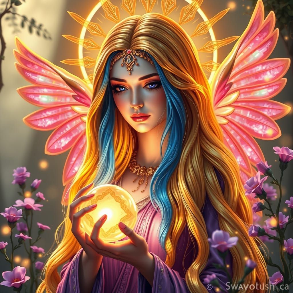 Glowing Fairy with Golden Hair and Vibrant Wings in an Encha...