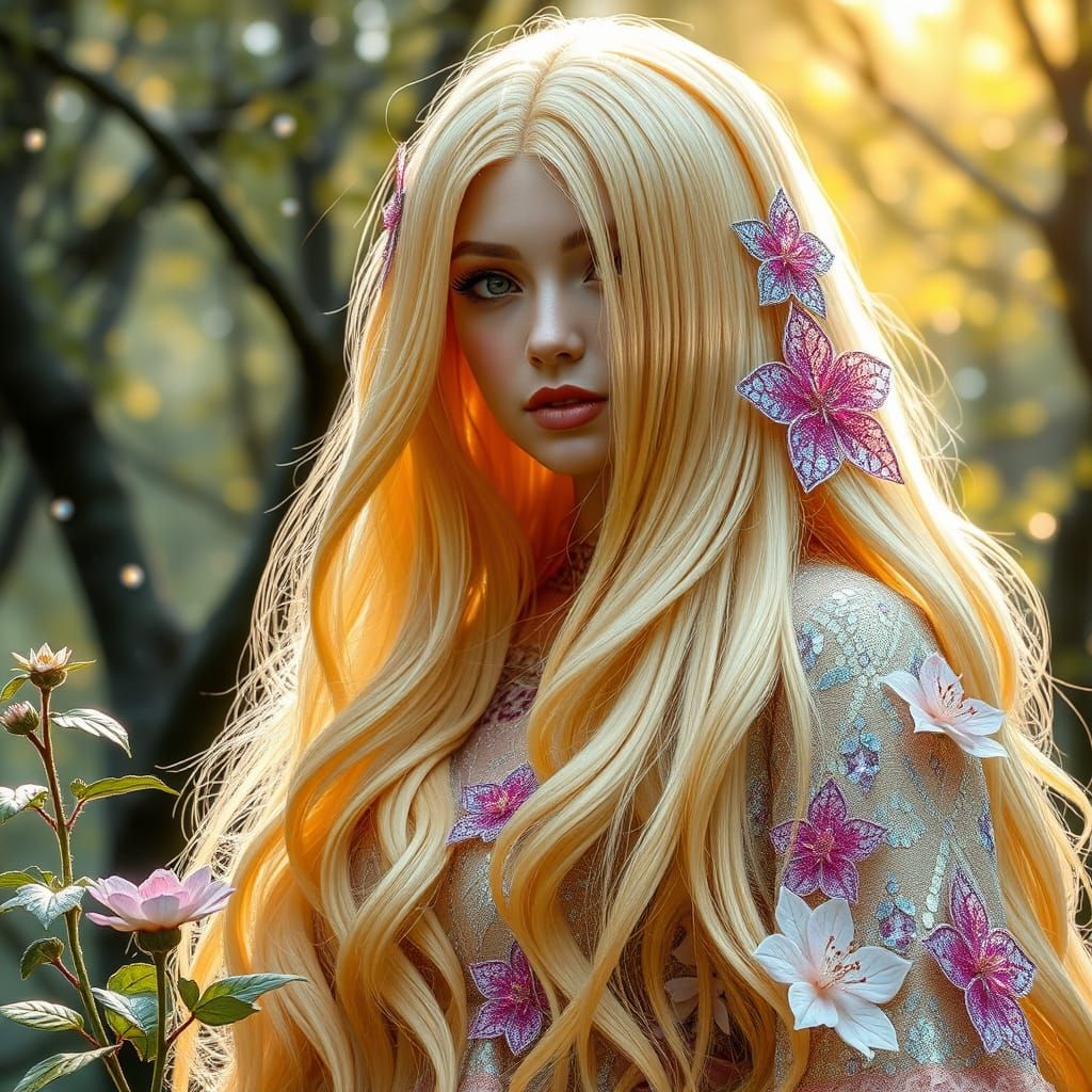 Mystical Fairy with Long, Wavy Hair and Delicate Wings