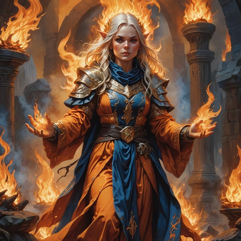 Gnome Sorcerer Amidst Flames in High Fantasy Style