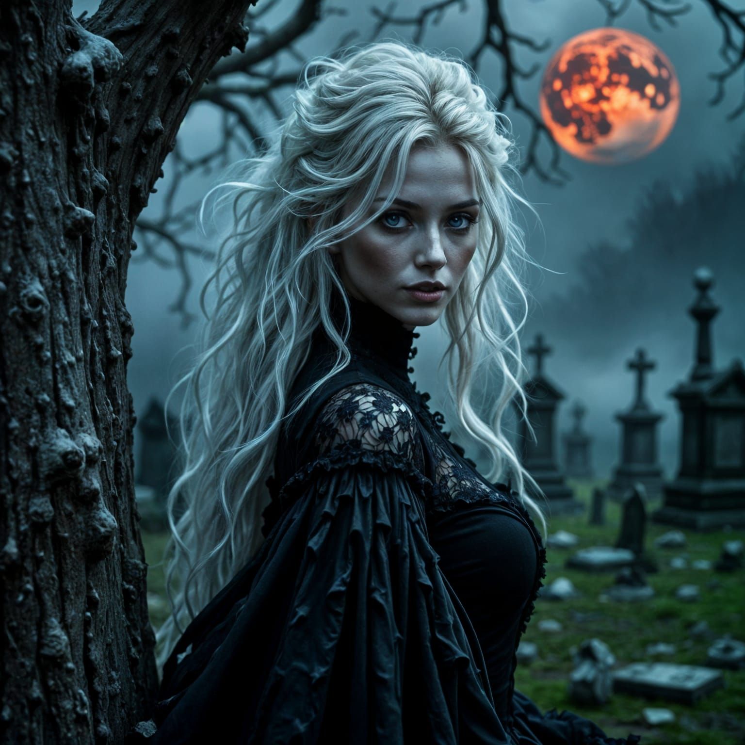 Ethereal Woman Emerges in Graveyard at Night