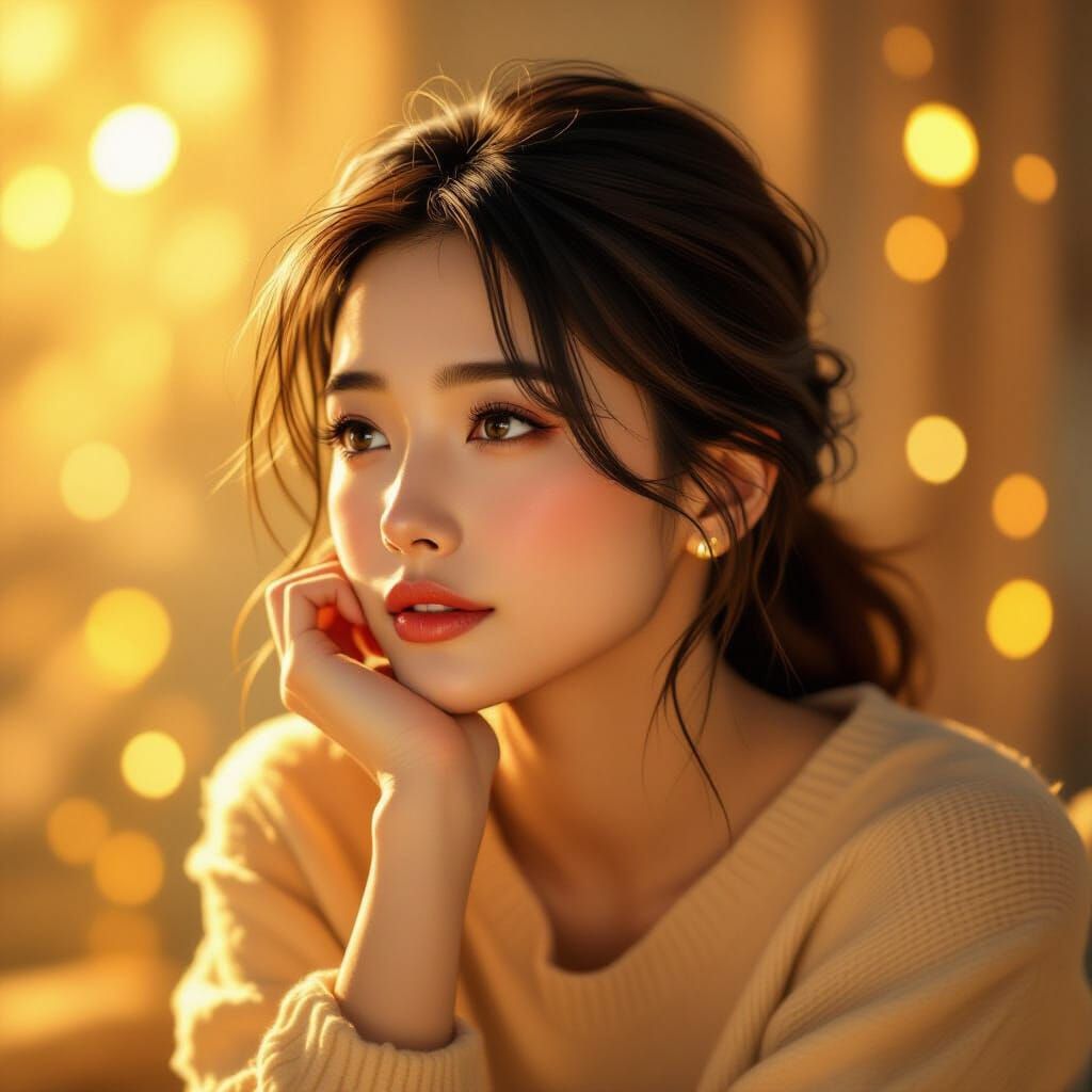 Contemplative Woman in Golden Light, Anime Art Style