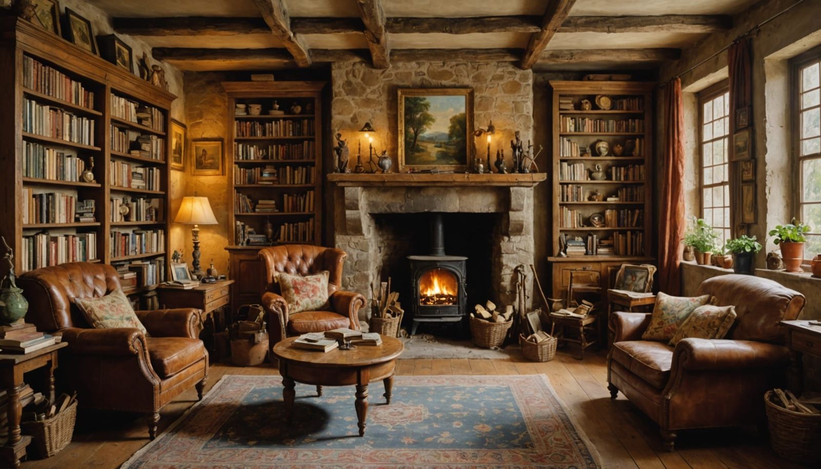 Cozy Mediterranean Living Room in Warm Oil Painting Style