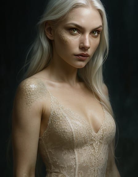 Lamia-Inspired Woman in a Misty Environment