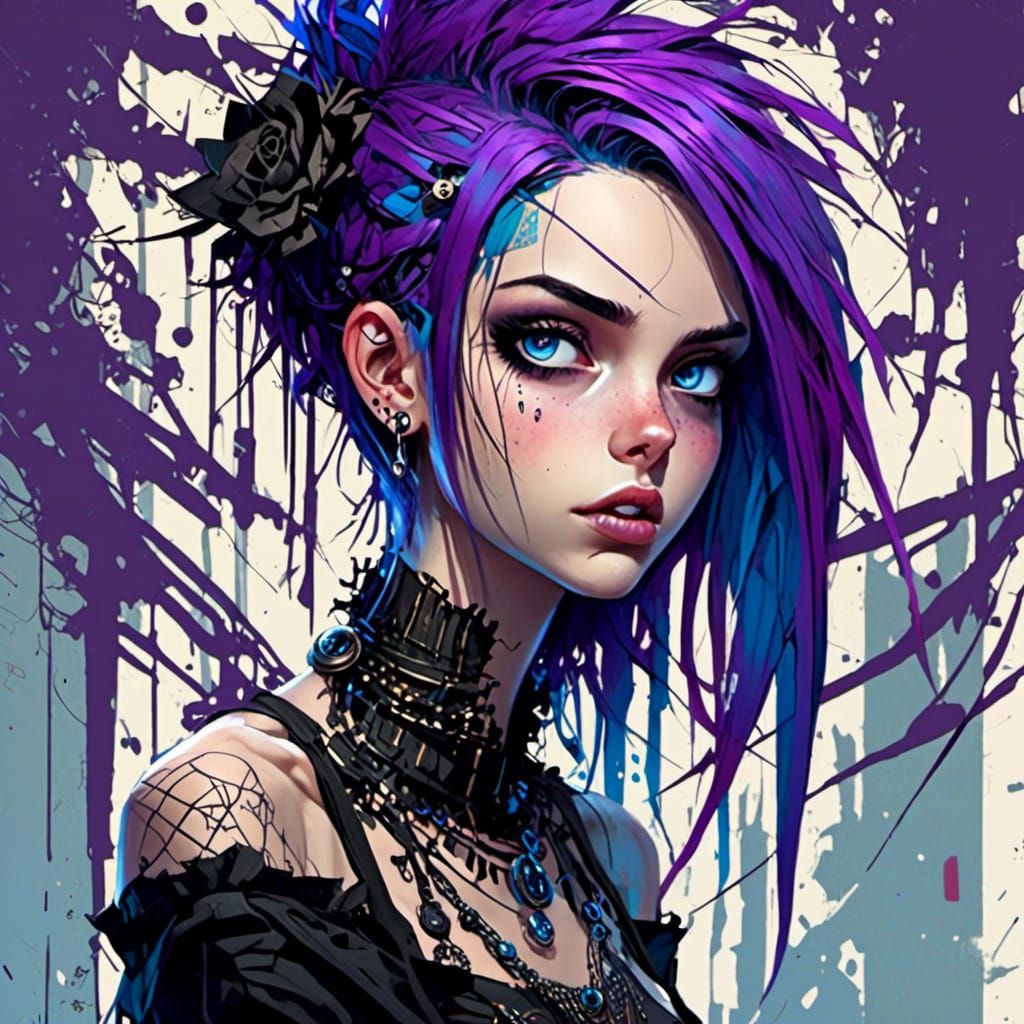 Punk Woman with Purple Hair in Dystopian World