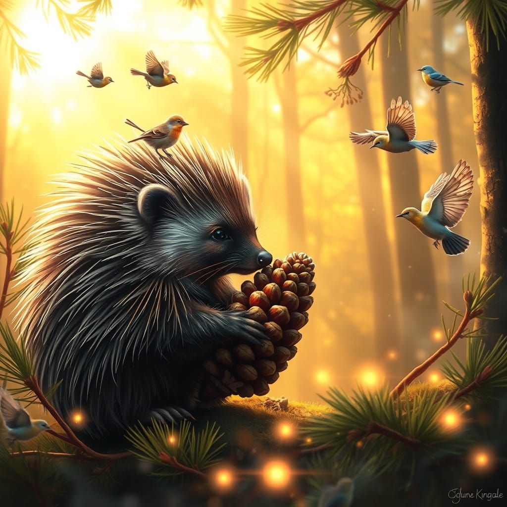 Porcupine Kisses Pine Cone in Ethereal Golden Forest