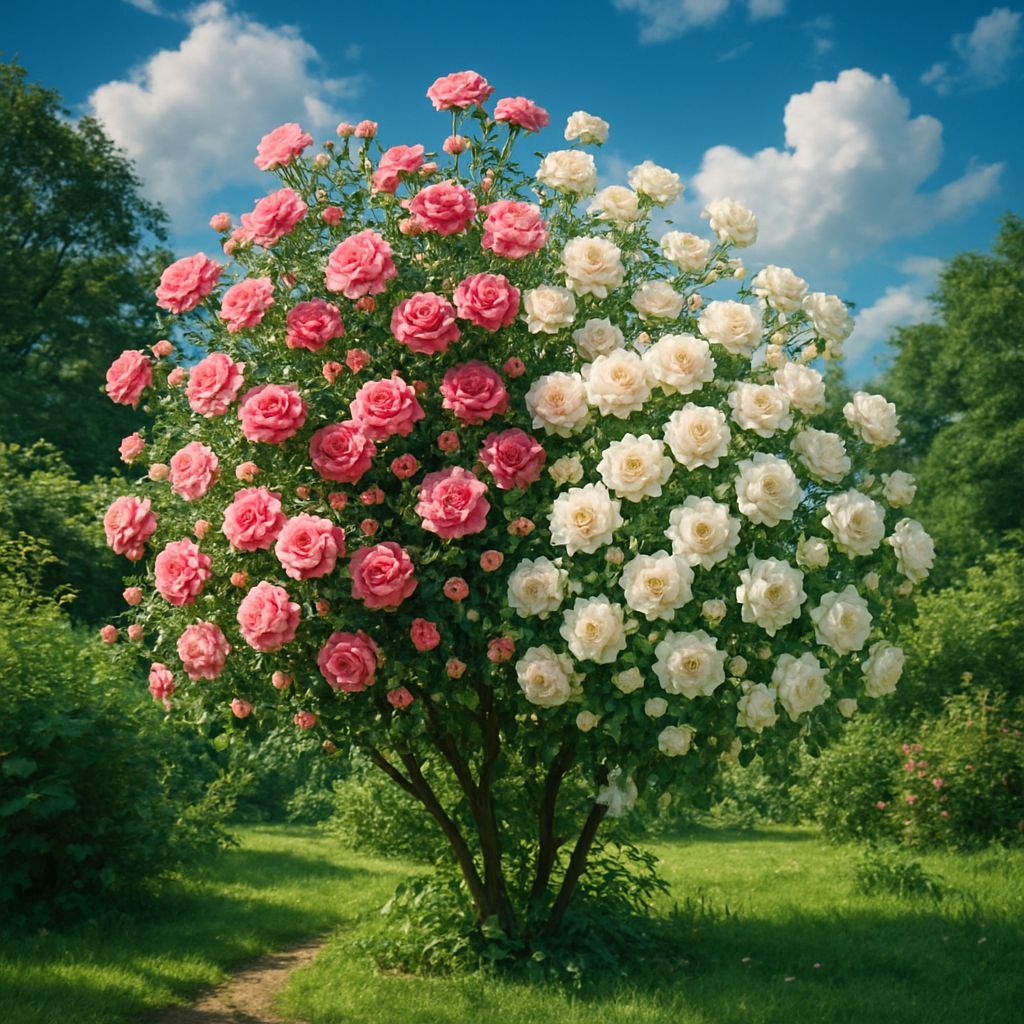 Two Rosebushes Blooming Pink and White Flowers in Peaceful G...