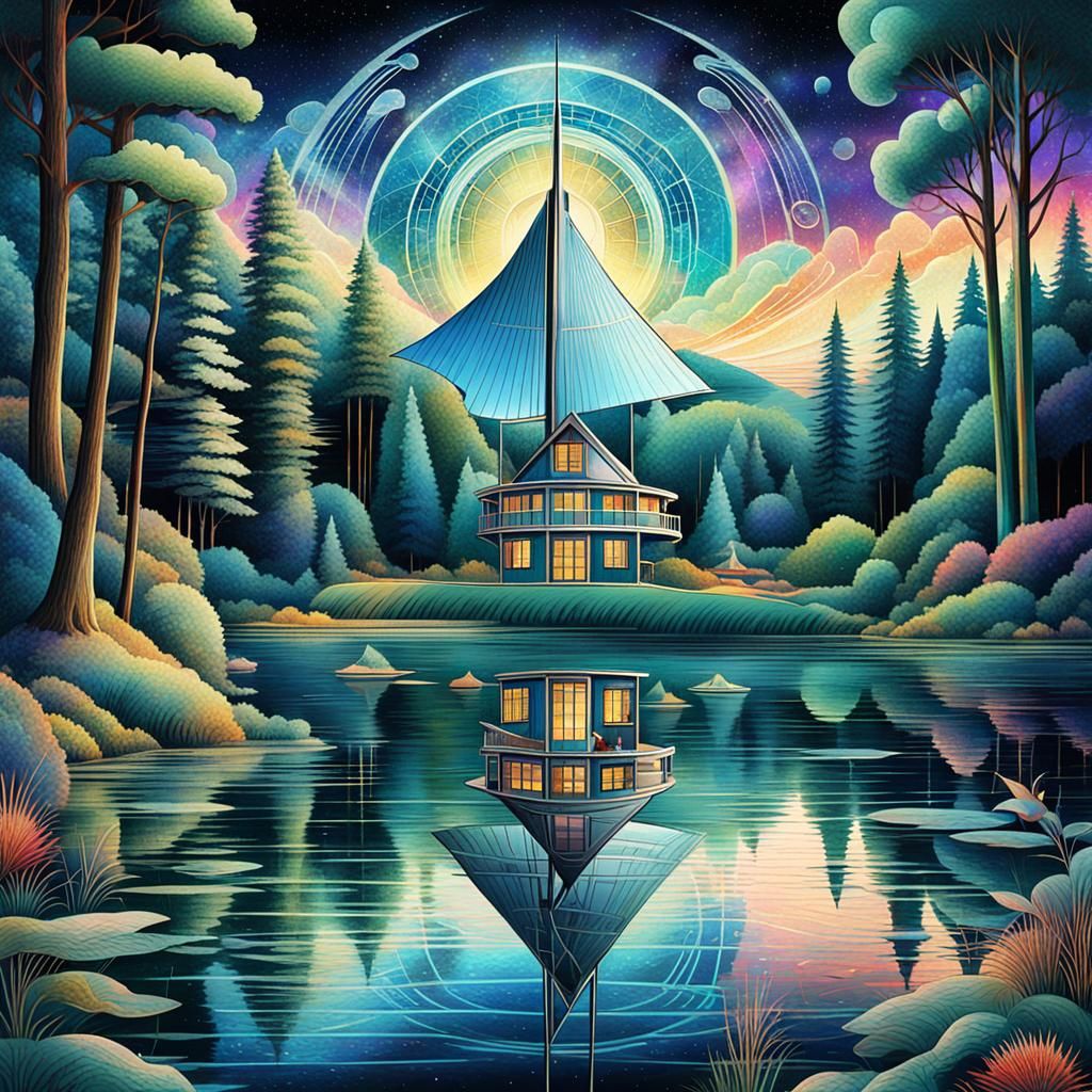 Art Deco Sailboat on Lake in Cosmic Style