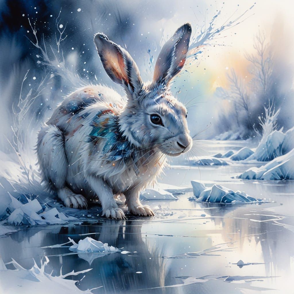Arctic Hare Under Aurora Borealis in Watercolour Style