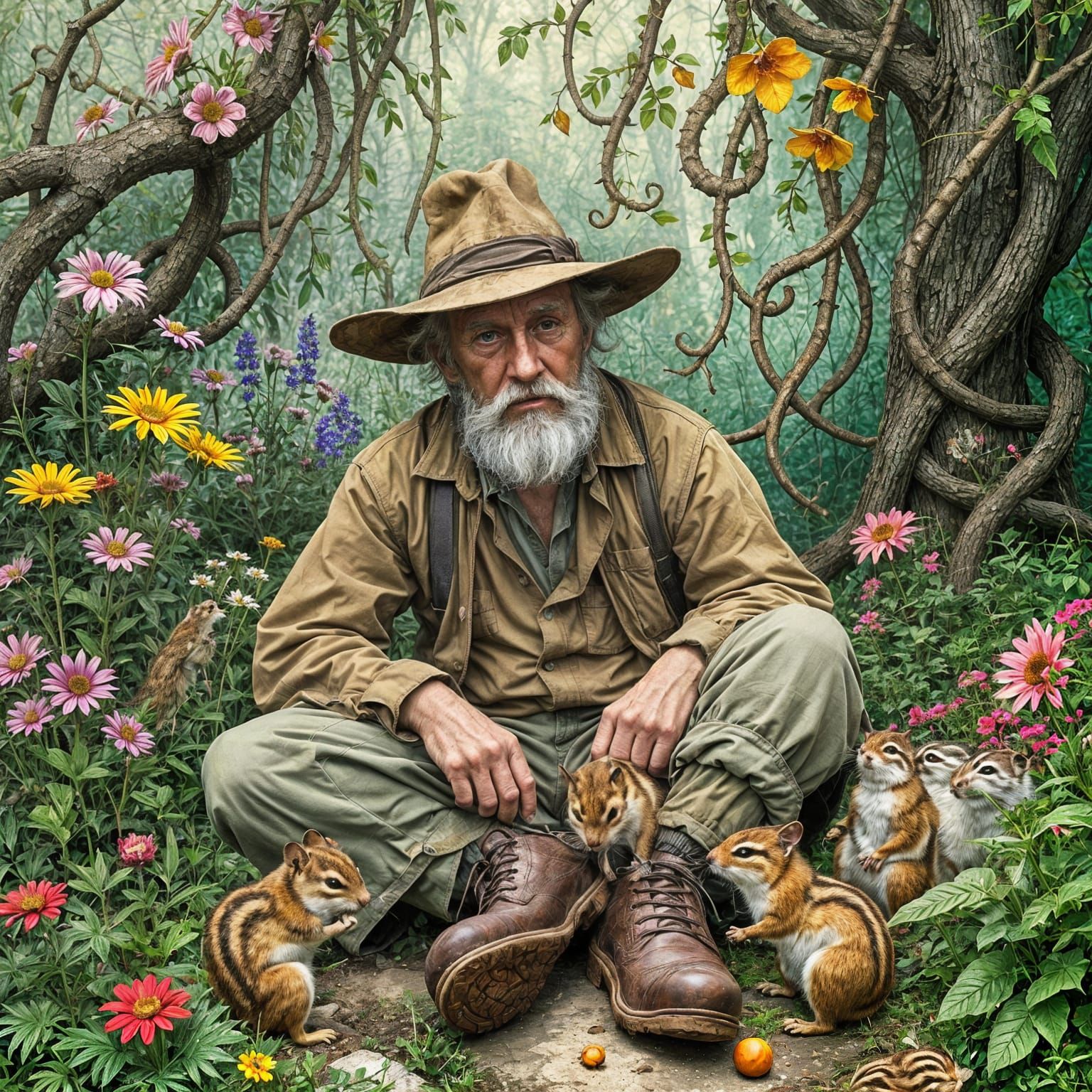 Old Man and Mischievous Chipmunks in Garden