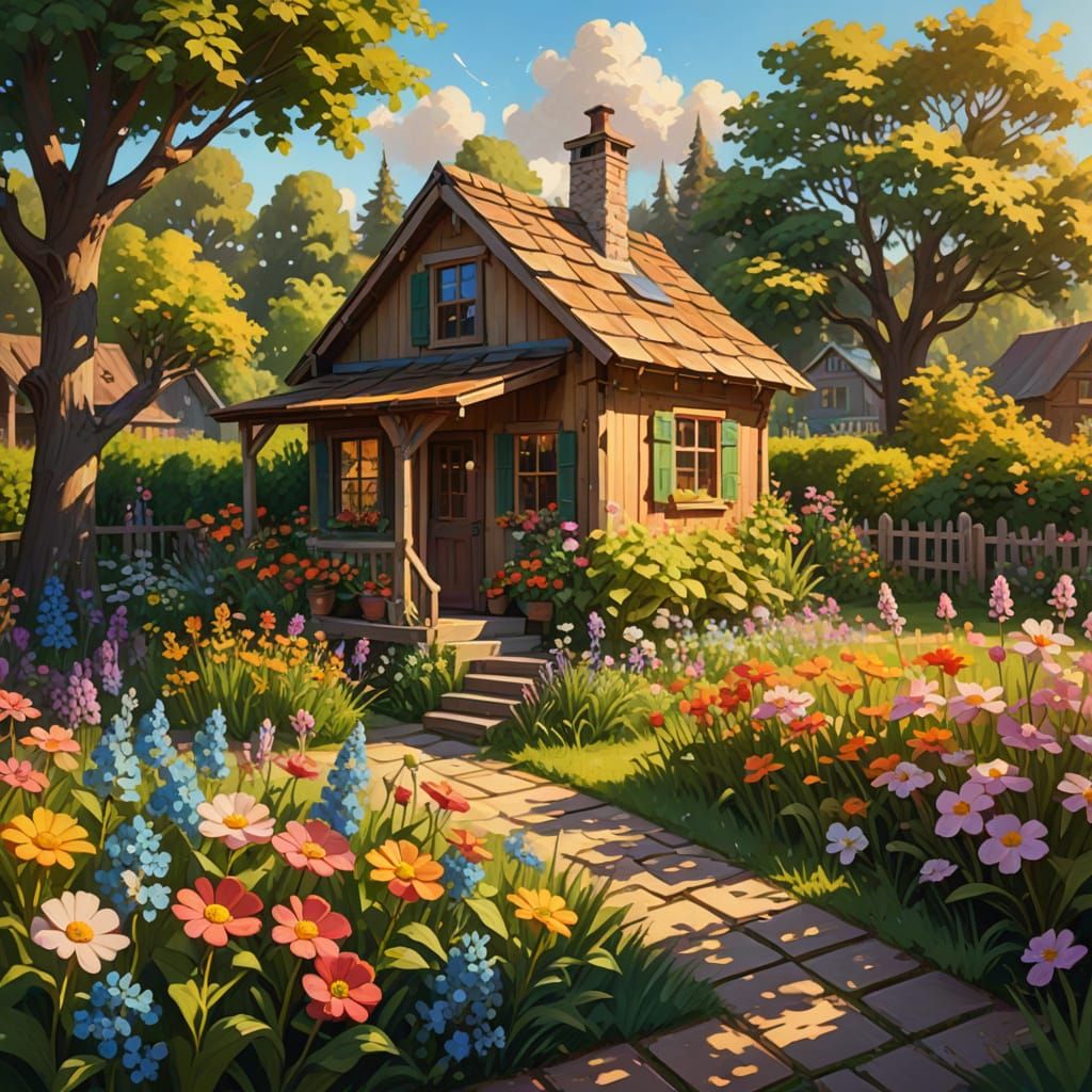Vibrant Oil Painting of a Rustic Wooden House in Flower Gard...