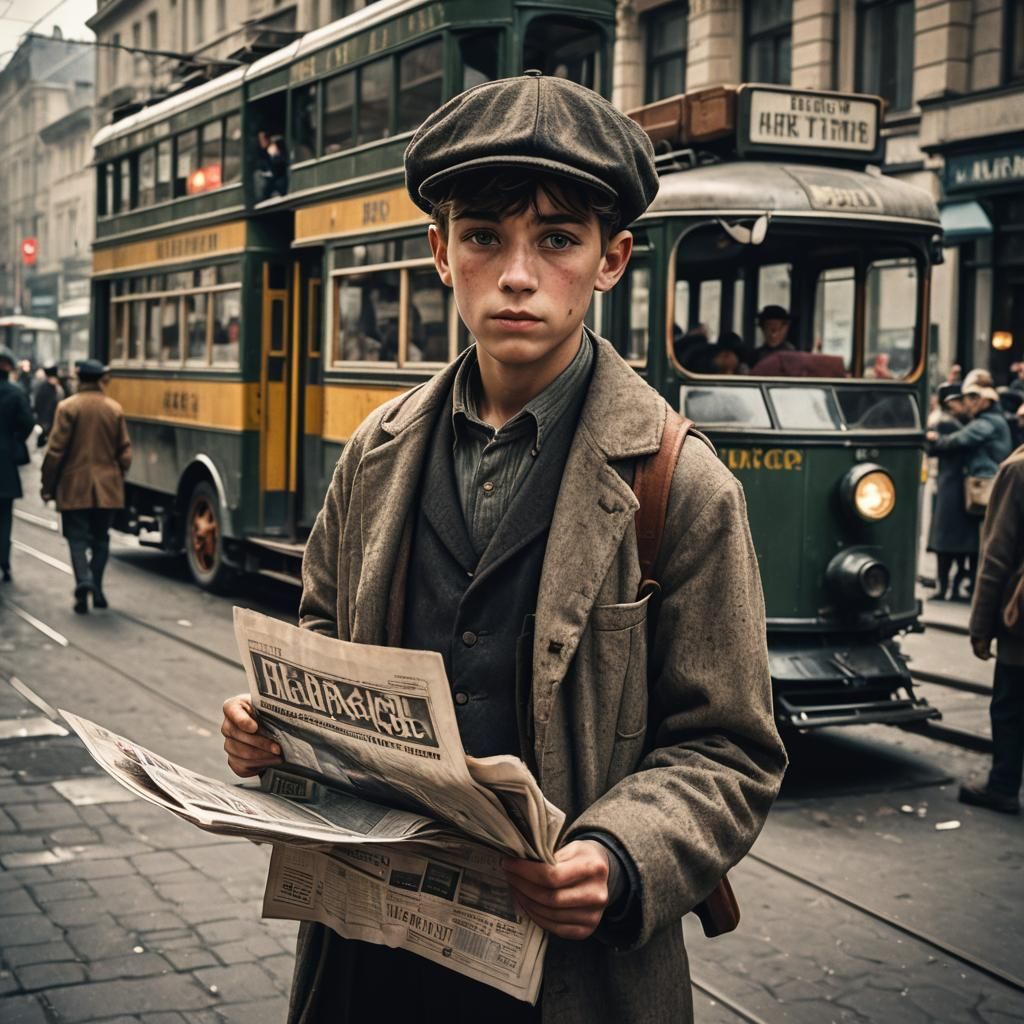 1920s Newsboy Selling Newspapers: Cinematic Film Still