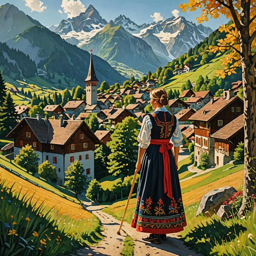 Swiss Folk Art: Alphorn Player in Mountain Village