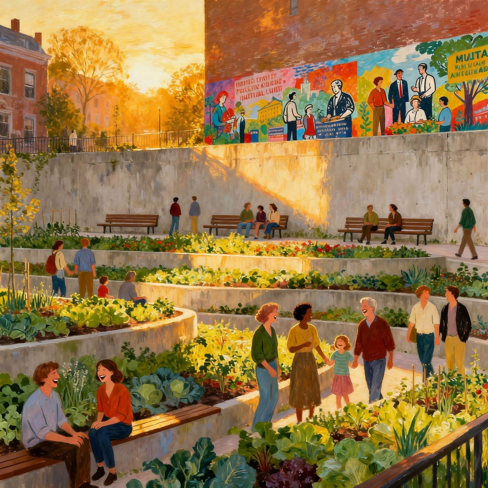 Vibrant Urban Community Garden in Golden Hour Light