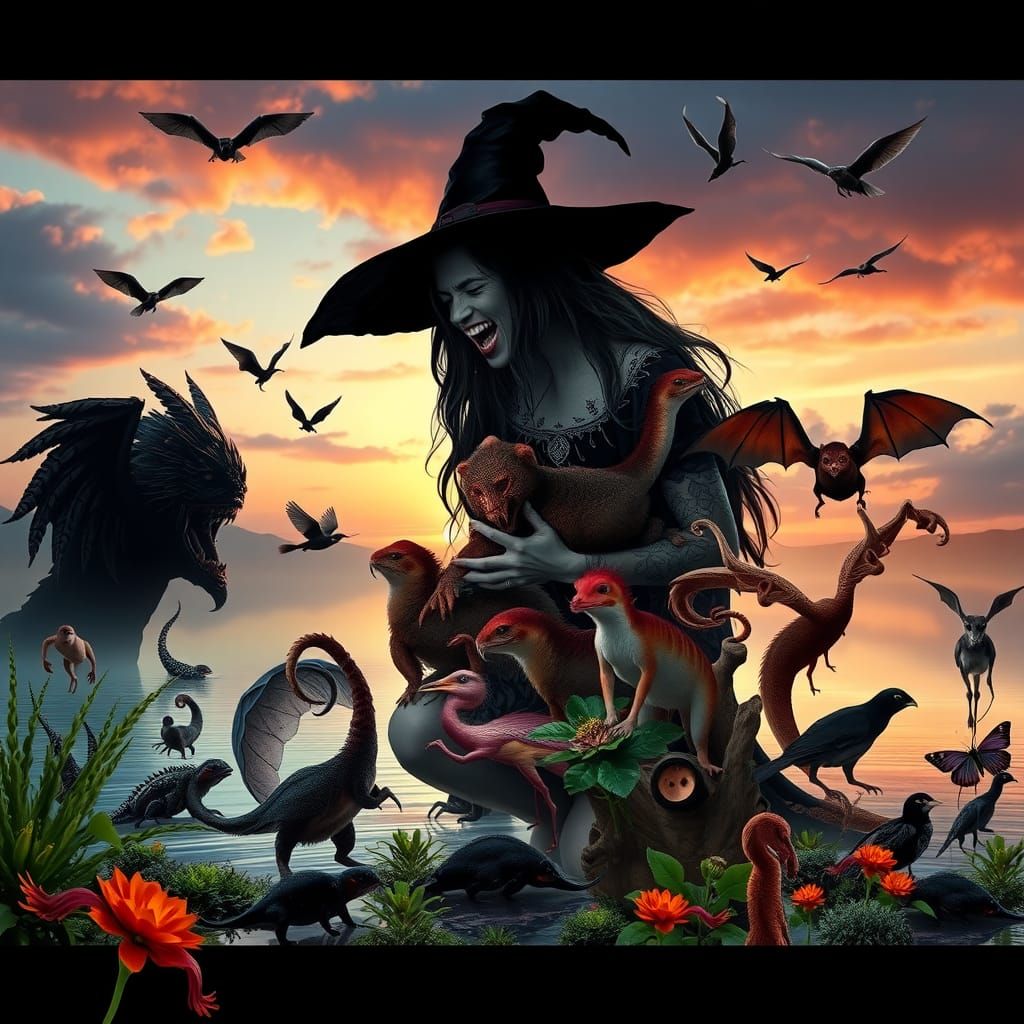 Mystical Creatures and Dark Witch in Sunset Collage